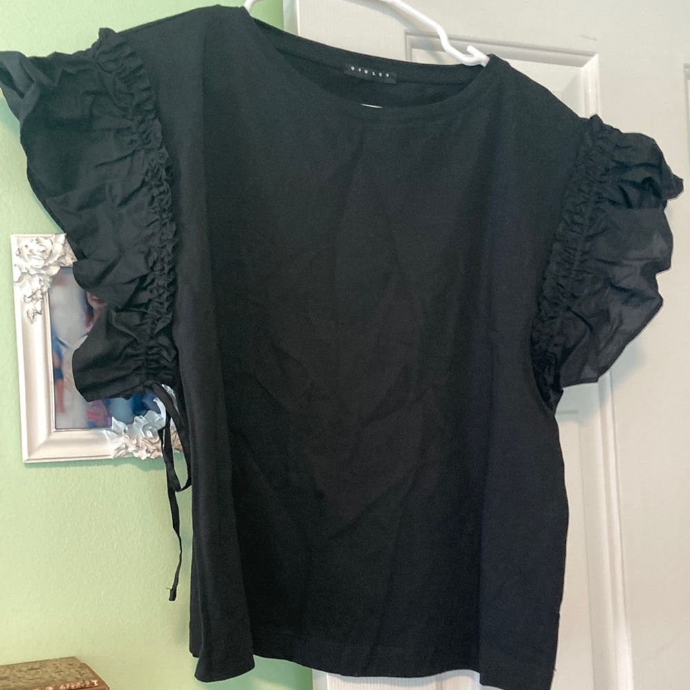 Sisley black tee top cotton with puff sleeve ties comfy structured Large